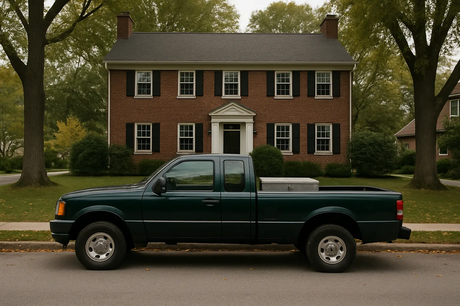 Pest control work truck parked in front of a brick colonial house on a quiet suburban street in autumn
