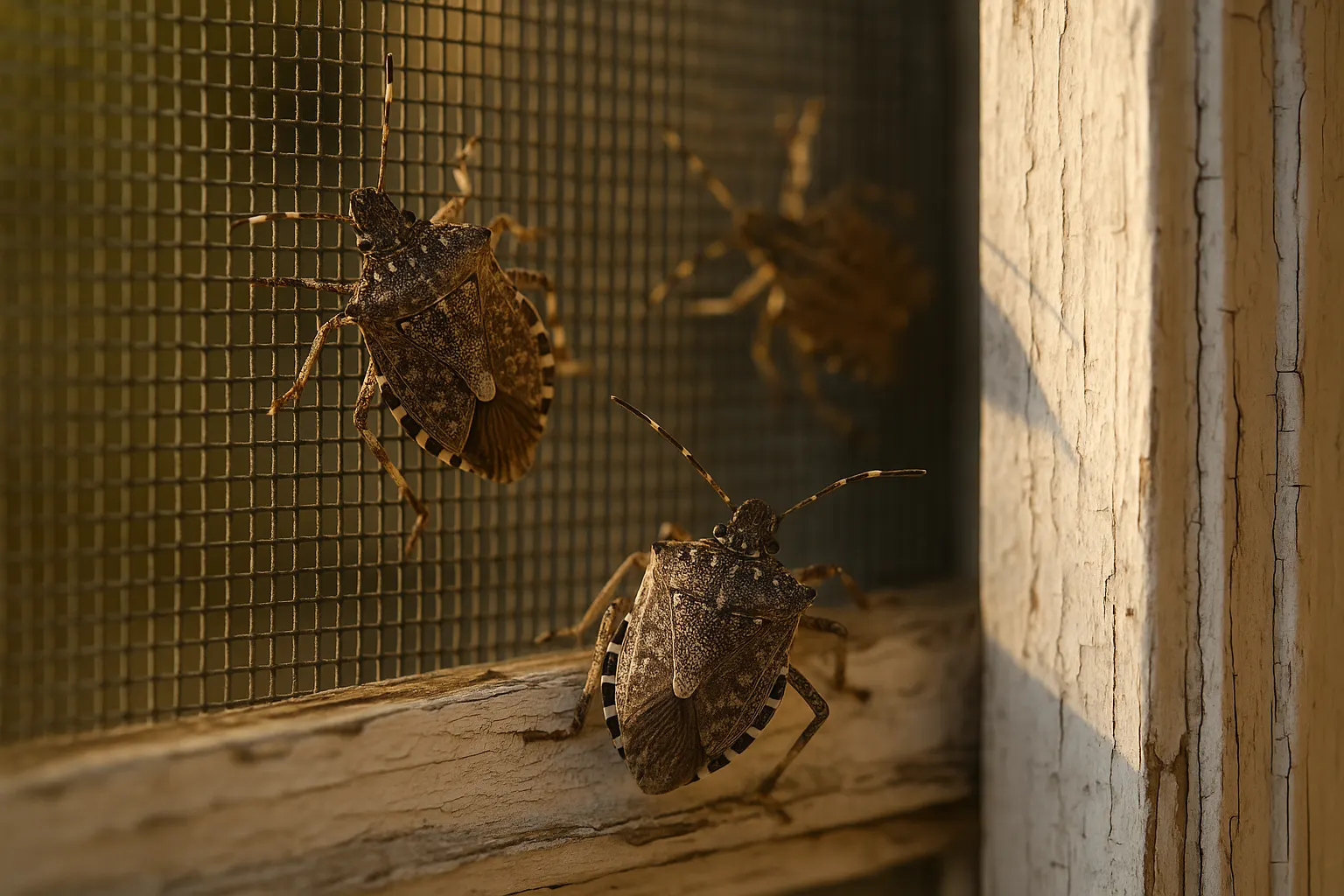 Brown marmorated stink bugs on a sunlit window screen and wood trim