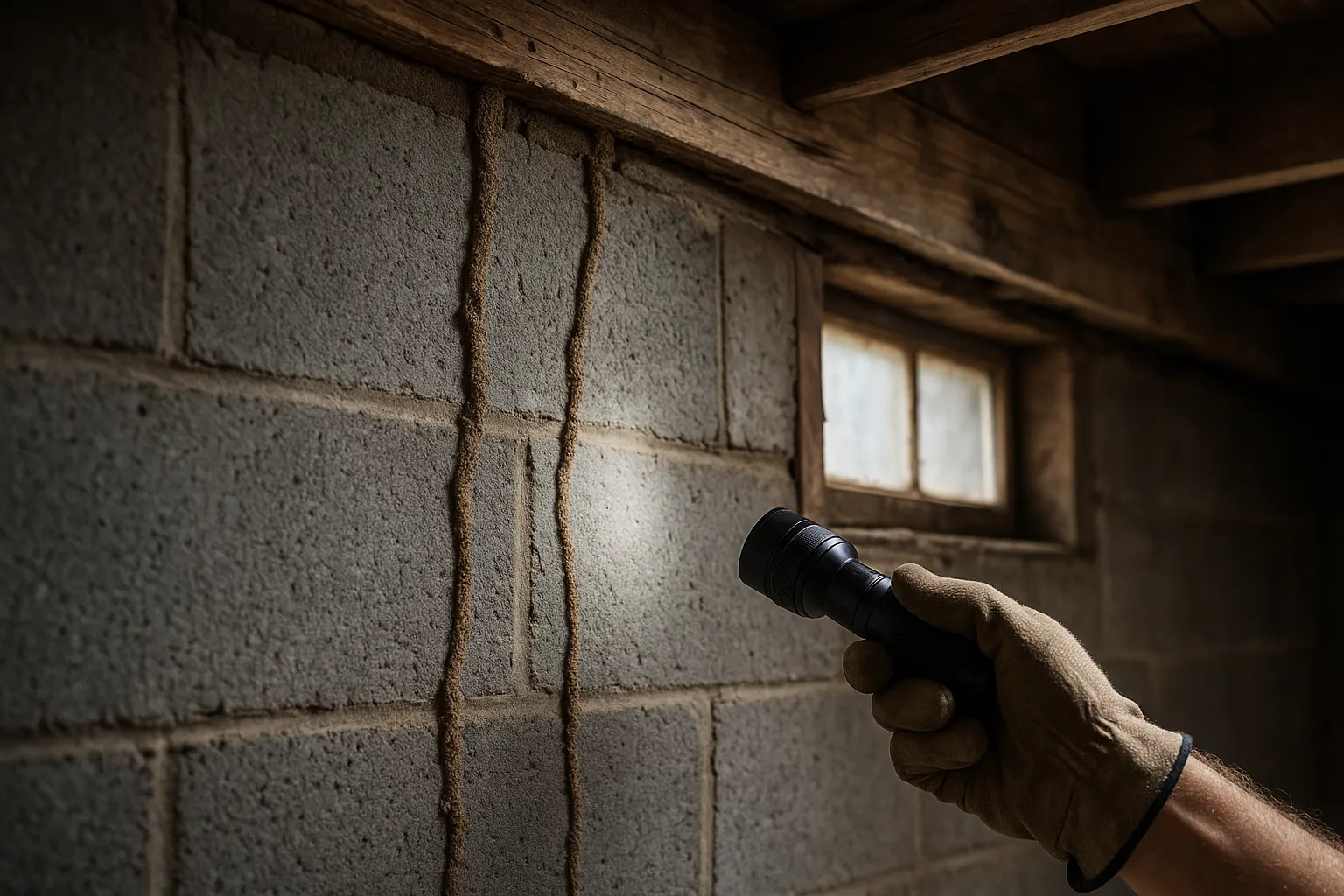 Earthen termite mud tubes running up a concrete block basement wall to a wooden sill plate